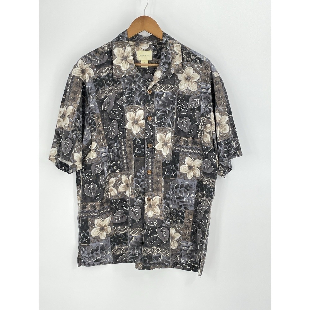Joseph & Feiss‎ Mens Large Short Sleeve Floral 100% Silk Shirt Black Gray Tan